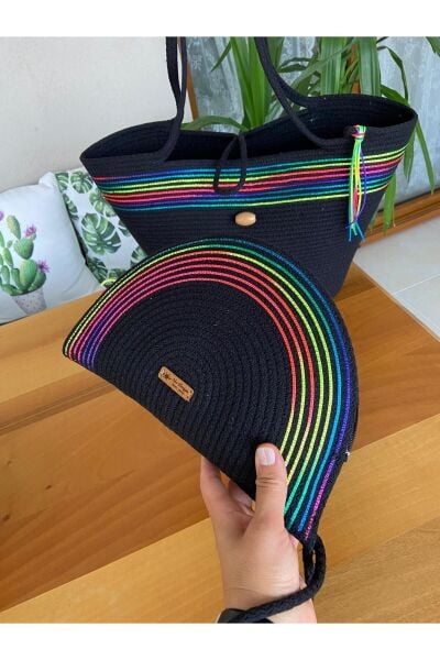 Nev Design 2'li Plaj Çantası & D Clutch Çanta, Siyah, Ebruli Detaylı