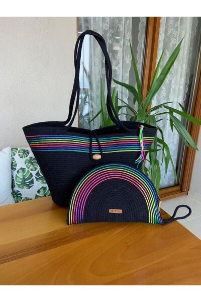 Nev Design 2'li Plaj Çantası & D Clutch Çanta, Siyah, Ebruli Detaylı