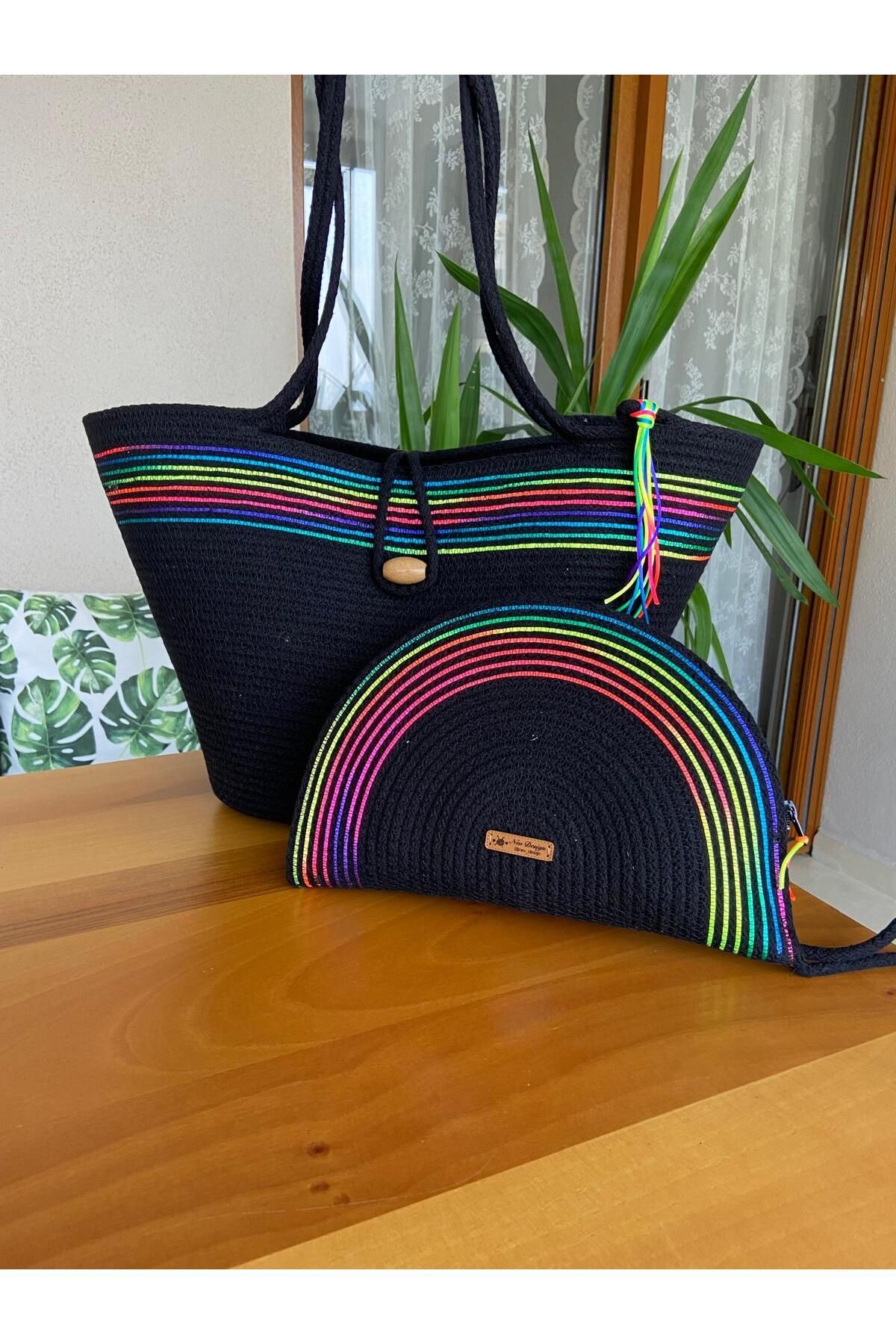 Nev Design 2'li Plaj Çantası & D Clutch Çanta, Siyah, Ebruli Detaylı