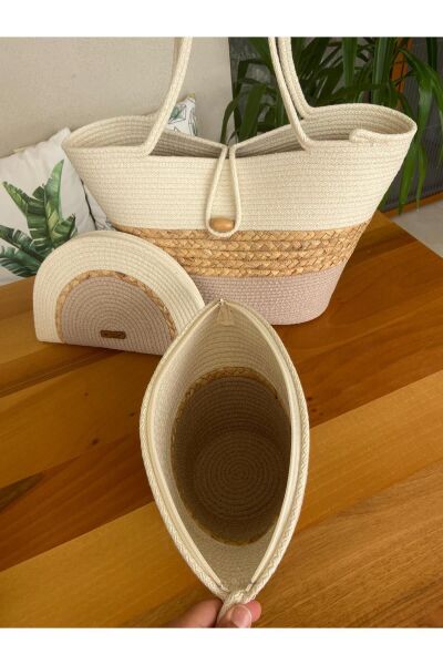 Nev Design 3'lü Set Plaj Çantası, D-Clutch, V-Clutch Çanta,  Hasır Detaylı Koyu Bej - Krem