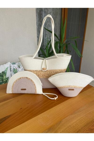 Nev Design 3'lü Set Plaj Çantası, D-Clutch, V-Clutch Çanta,  Hasır Detaylı Koyu Bej - Krem