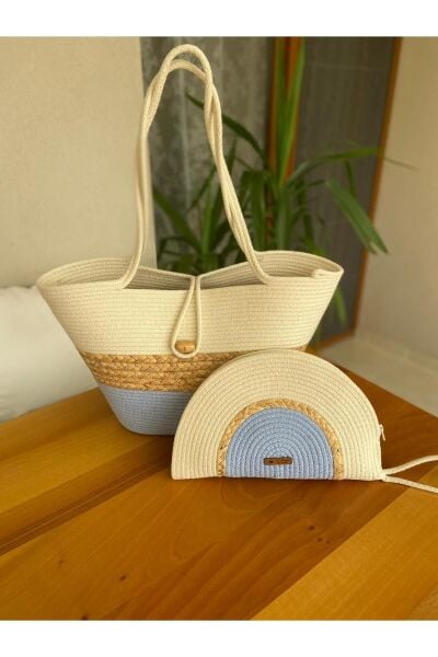 Nev Design 2'li Set Plaj Çantası, D-Clutch Çanta, Hasır Detaylı Bebe Mavisi - Krem
