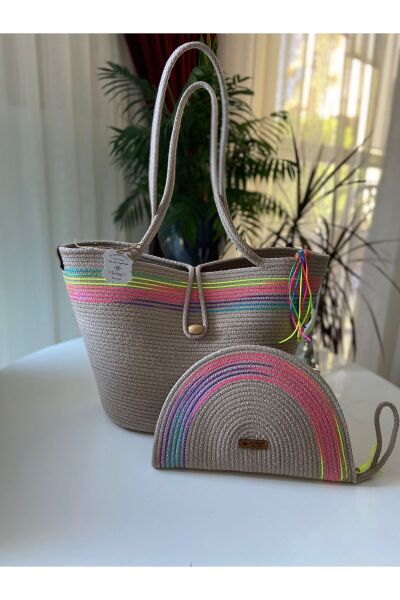 Nev Design 2'li Set Plaj Çantası, D-Clutch Çanta, Koyu Bej-Jüt Renk Geçişli