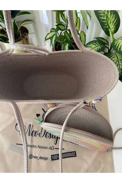 Nev Design 2'li Set Plaj Çantası, D-Clutch Çanta, Koyu Bej-Jüt Renk Geçişli
