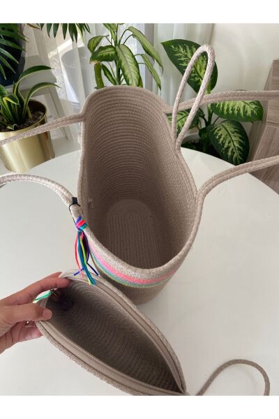 Nev Design 2'li Set Plaj Çantası, D-Clutch Çanta, Koyu Bej-Jüt Renk Geçişli