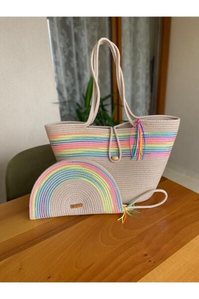 Nev Design 2'li Set Plaj Çantası, D-Clutch Çanta, Koyu Bej-Jüt Renk Geçişli