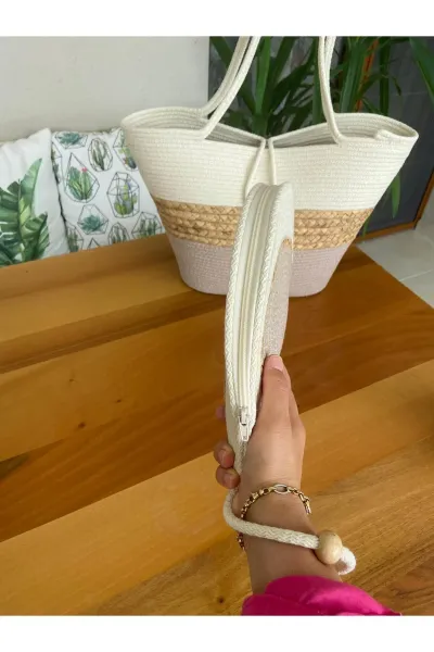 Nev Design 2'li Set Plaj Çantası, D-Clutch Çanta, Hasır Detaylı Koyu Bej - Krem