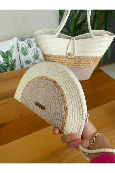 Nev Design 2'li Set Plaj Çantası, D-Clutch Çanta, Hasır Detaylı Koyu Bej - Krem