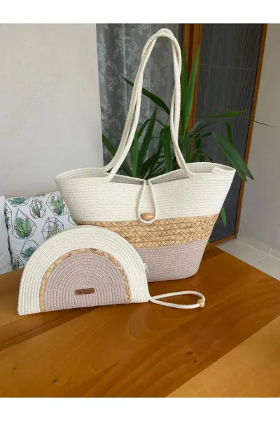 Nev Design 2'li Set Plaj Çantası, D-Clutch Çanta, Hasır Detaylı Koyu Bej - Krem