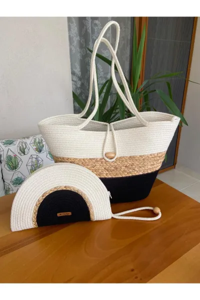 Nev Design 2'li Set Plaj Çantası, D-Clutch Çanta, Hasır Detaylı Siyah - Krem