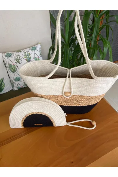Nev Design 2'li Set Plaj Çantası, D-Clutch Çanta, Hasır Detaylı Siyah - Krem