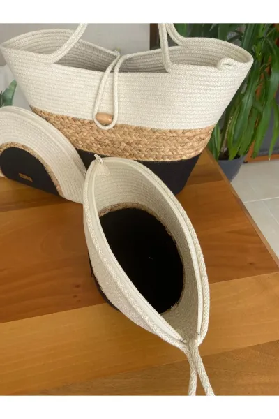 Nev Design 3'lü Set Plaj Çantası, D-Clutch, V-Clutch Çanta,  Hasır Detaylı Siyah - Krem