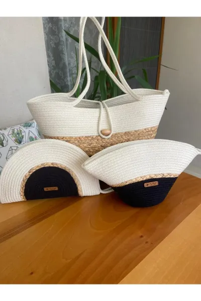 Nev Design 3'lü Set Plaj Çantası, D-Clutch, V-Clutch Çanta,  Hasır Detaylı Siyah - Krem
