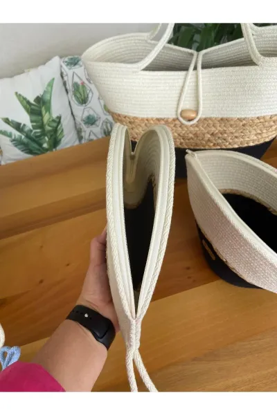 Nev Design 3'lü Set Plaj Çantası, D-Clutch, V-Clutch Çanta,  Hasır Detaylı Siyah - Krem