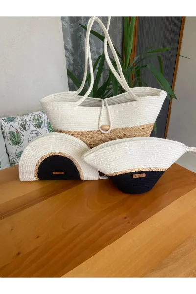 Nev Design 3'lü Set Plaj Çantası, D-Clutch, V-Clutch Çanta,  Hasır Detaylı Siyah - Krem