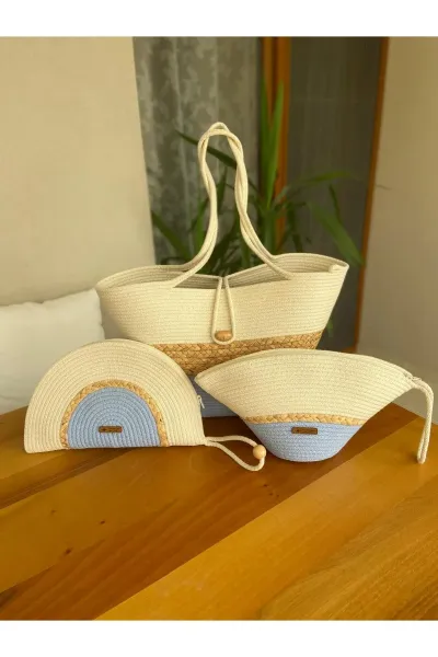 Nev Design 3'lü Set Plaj Çantası, D-Clutch, V-Clutch Çanta,  Hasır Detaylı Bebe Mavisi - Krem