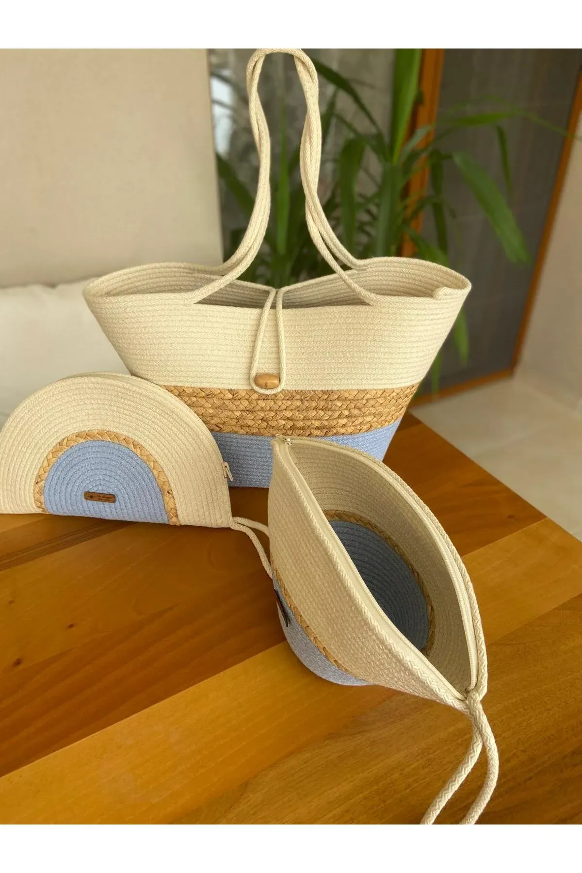 Nev Design 3'lü Set Plaj Çantası, D-Clutch, V-Clutch Çanta,  Hasır Detaylı Bebe Mavisi - Krem