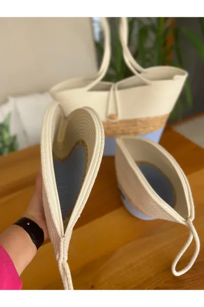 Nev Design 3'lü Set Plaj Çantası, D-Clutch, V-Clutch Çanta,  Hasır Detaylı Bebe Mavisi - Krem