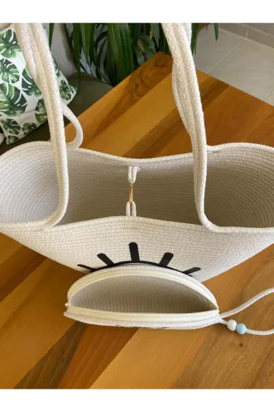 Nev Design 2'li Plaj Çantası ve D-Clucth Çanta Takımı, Ekru