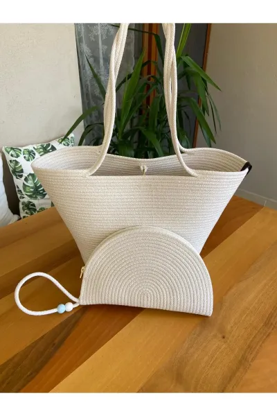 Nev Design 2'li Plaj Çantası ve D-Clucth Çanta Takımı, Ekru