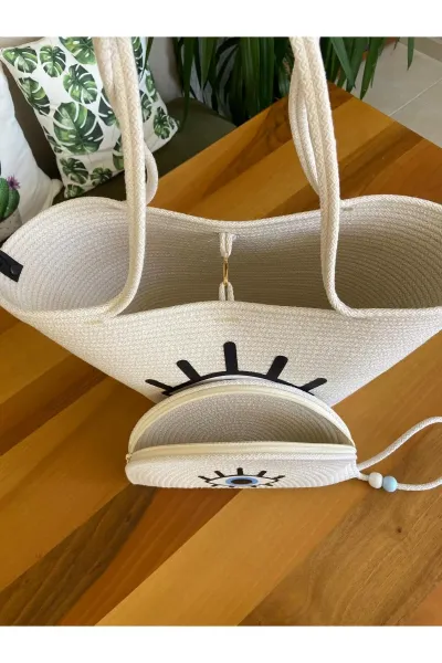 Nev Design 2'li Plaj Çantası ve D-Clucth Çanta Takımı, Ekru
