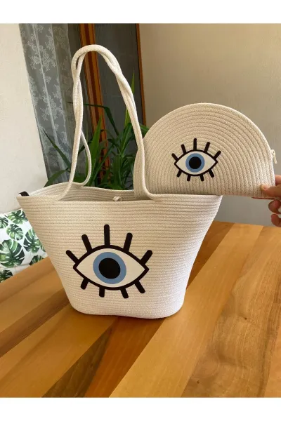Nev Design 2'li Plaj Çantası ve D-Clucth Çanta Takımı, Ekru