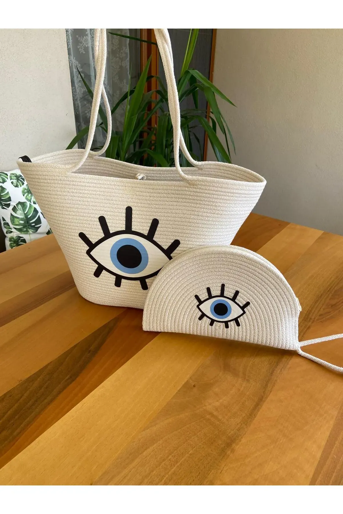 Nev Design 2'li Plaj Çantası ve D-Clucth Çanta Takımı, Ekru