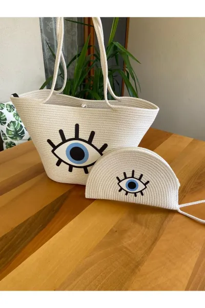 Nev Design 2'li Plaj Çantası ve D-Clucth Çanta Takımı, Ekru