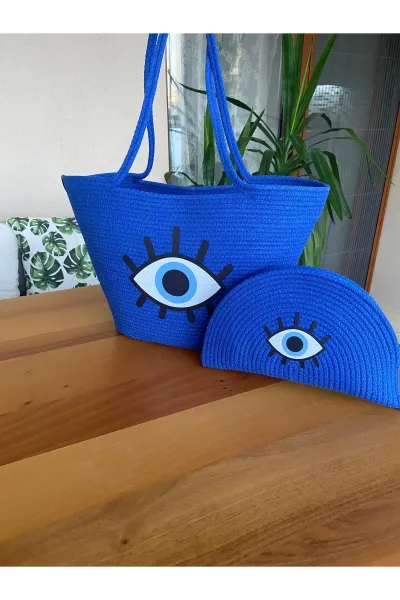 Nev Design 2'li Plaj Çantası ve D-Clucth Çanta Takımı, Saks Mavi