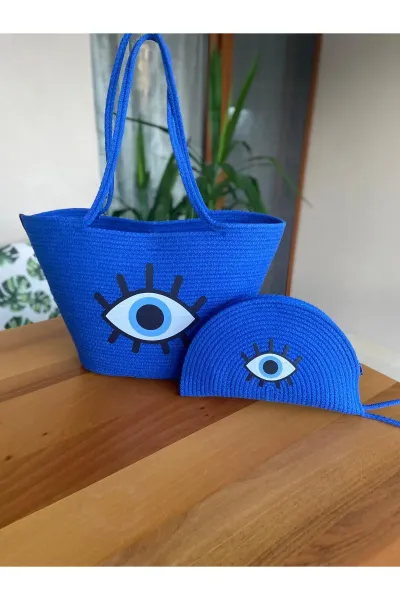 Nev Design 2'li Plaj Çantası ve D-Clucth Çanta Takımı, Saks Mavi