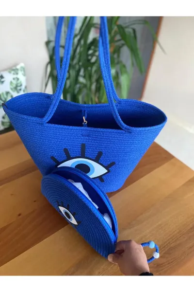 Nev Design 2'li Plaj Çantası ve D-Clucth Çanta Takımı, Saks Mavi