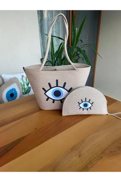Nev Design 2'li Plaj Çantası ve D-Clucth Çanta Takımı, Bej