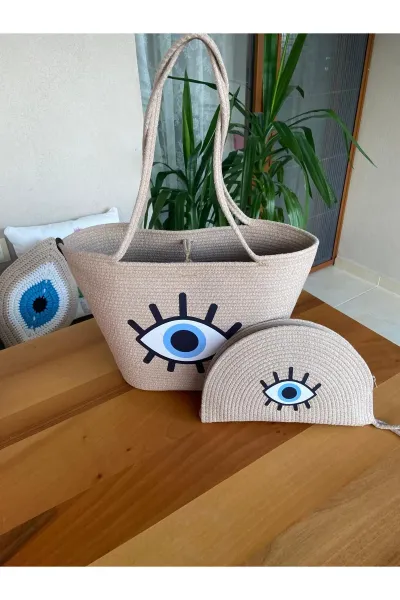 Nev Design 2'li Plaj Çantası ve D-Clucth Çanta Takımı, Bej