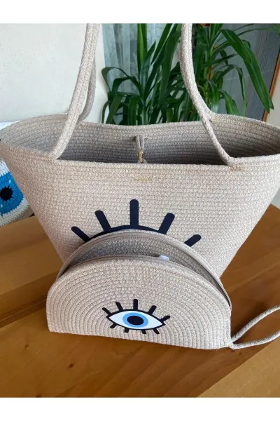 Nev Design 2'li Plaj Çantası ve D-Clucth Çanta Takımı, Bej