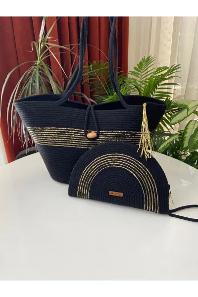 Nev Design 2'li Plaj Çantası & D Clutch Çanta, Siyah, Gold Detaylı