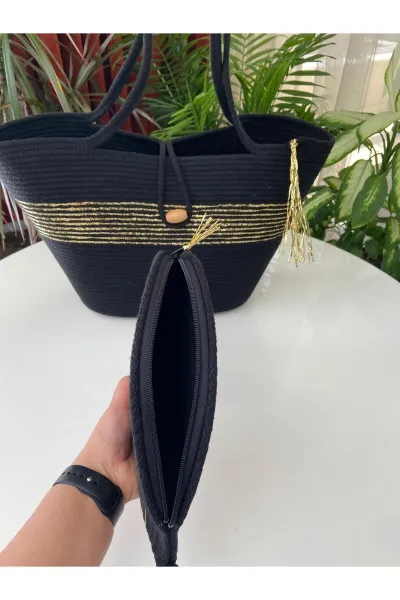 Nev Design 2'li Plaj Çantası & D Clutch Çanta, Siyah, Gold Detaylı