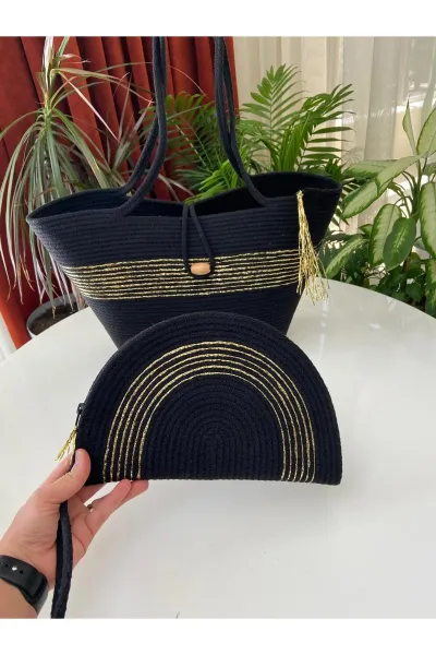 Nev Design 2'li Plaj Çantası & D Clutch Çanta, Siyah, Gold Detaylı