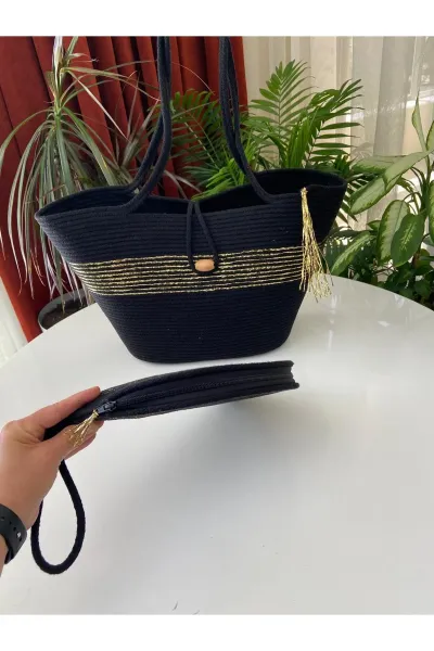 Nev Design 2'li Plaj Çantası & D Clutch Çanta, Siyah, Gold Detaylı
