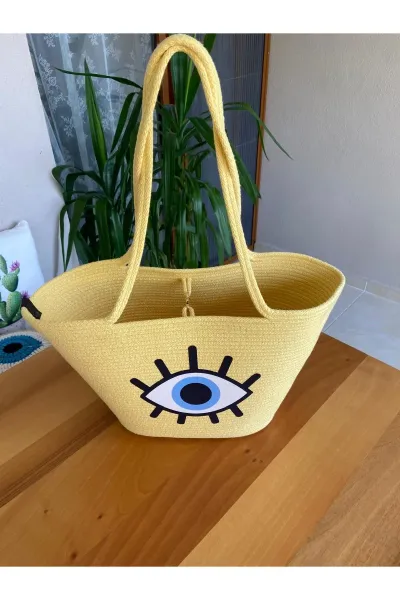 Nev Design Transfer Baskılı Göz Nazarlı  Plaj Çantası, Sarı