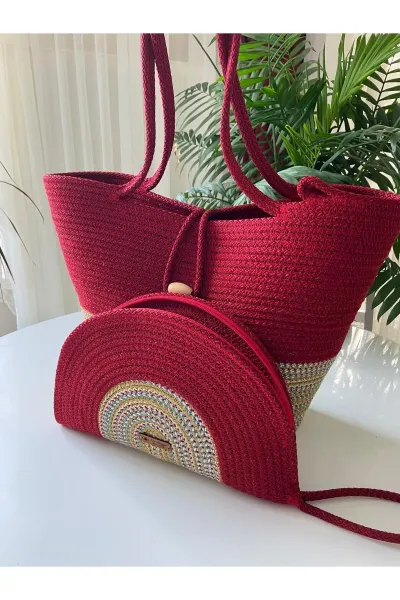 Nev Design 2'li Plaj Çantası & D Clutch Çanta, Degradeli Kırmızı