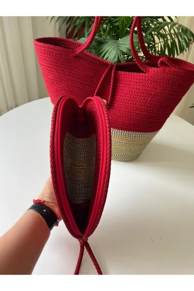 Nev Design 2'li Plaj Çantası & D Clutch Çanta, Degradeli Kırmızı