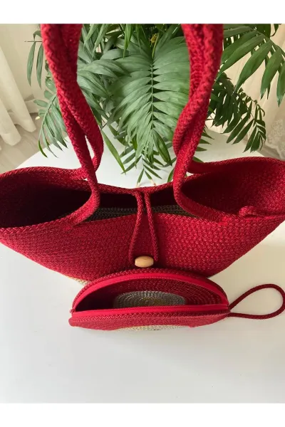 Nev Design 2'li Plaj Çantası & D Clutch Çanta, Degradeli Kırmızı
