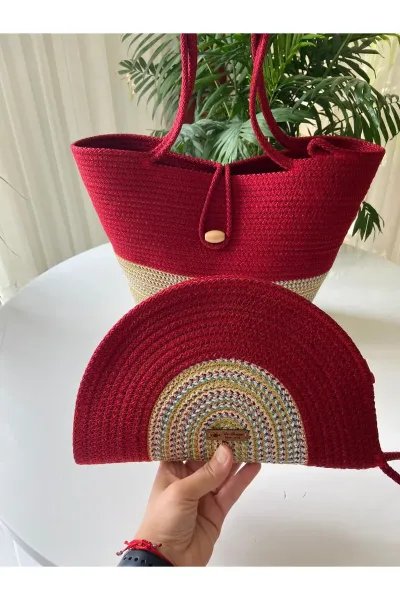Nev Design 2'li Plaj Çantası & D Clutch Çanta, Degradeli Kırmızı