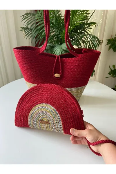 Nev Design 2'li Plaj Çantası & D Clutch Çanta, Degradeli Kırmızı