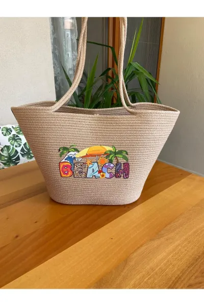 Nev Design ''Beach'' Transfer Baskılı Plaj Çantası Bej