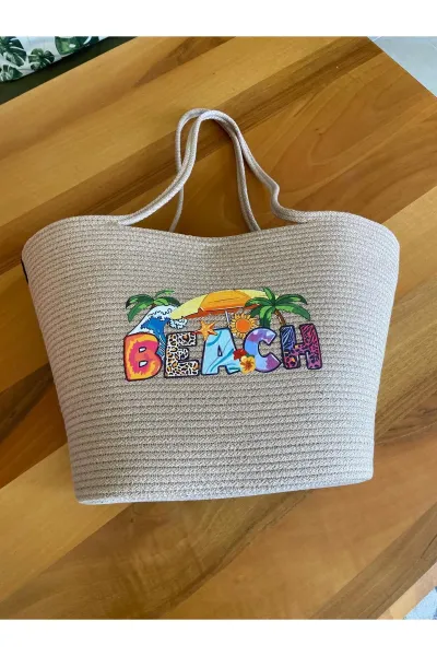 Nev Design ''Beach'' Transfer Baskılı Plaj Çantası Bej