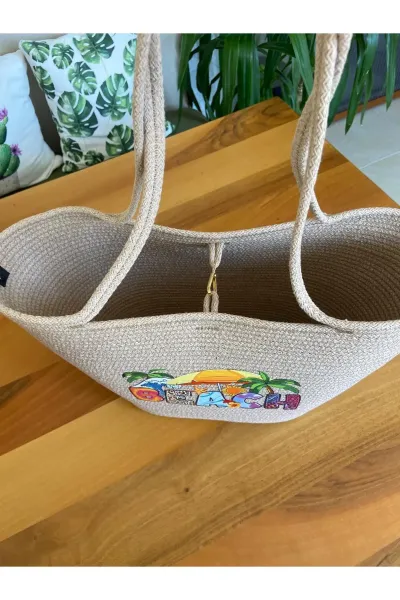 Nev Design ''Beach'' Transfer Baskılı Plaj Çantası Bej