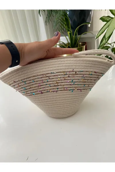 Nev Design Konfeti İp (Renkli)Geçişli Krem V Clutch Çanta