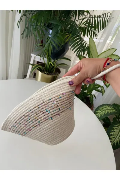 Nev Design Konfeti İp (Renkli)Geçişli Krem V Clutch Çanta