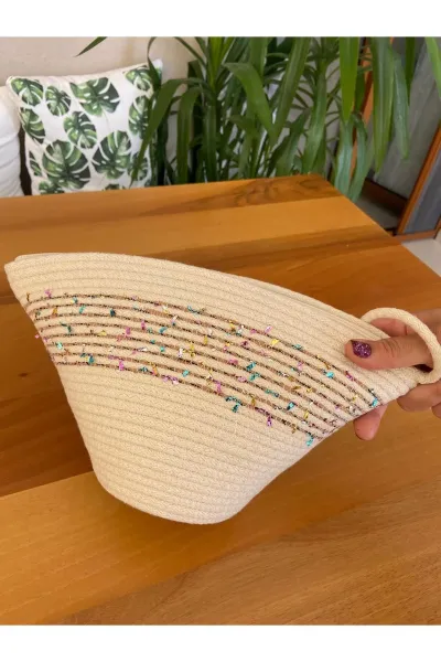 Nev Design Konfeti İp (Renkli)Geçişli Krem V Clutch Çanta